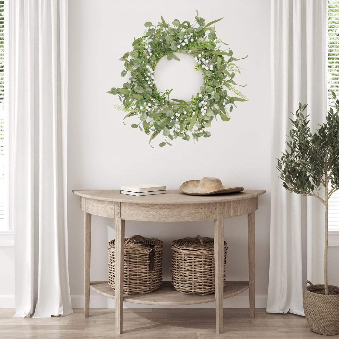 Artificial Eucalyptus Wreath for Front Door, Spring Summer Wreath with Boxwood for Window Wedding Decor Home Porch Farmhouse Patio Garden Decor 20 Inch