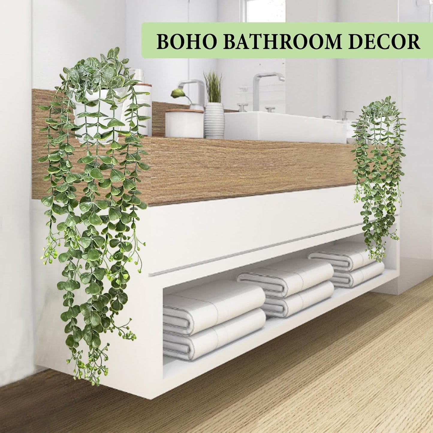 Fake Hanging Plants, 2pcs Artificial Eucalyptus Potted, Artificial Hanging Plant for Wall Decor Bathroom Office Shelf Indoor and Outdoor Greenery, Faux Hanging Plant for Aesthetic Enhancement