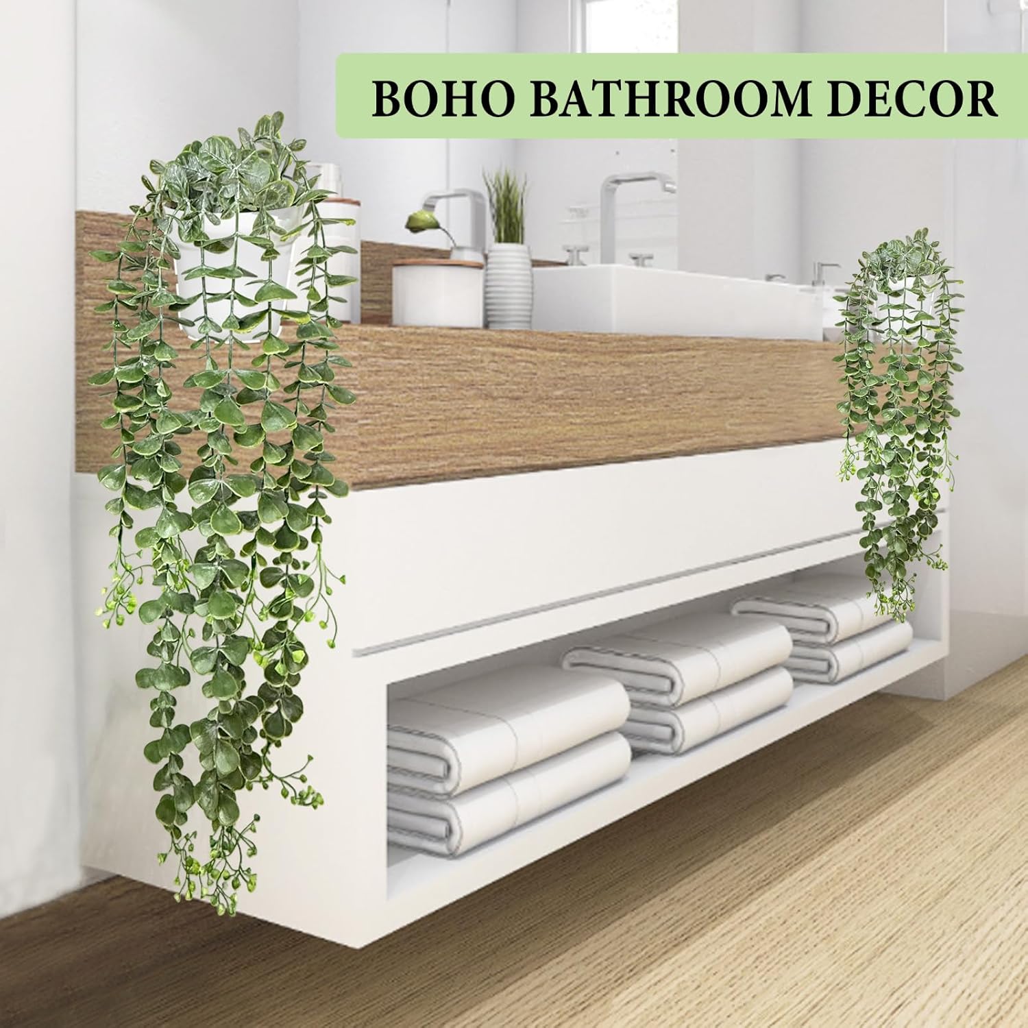 Fake Hanging Plants, 2pcs Artificial Eucalyptus Potted, Artificial Hanging Plant for Wall Decor Bathroom Office Shelf Indoor and Outdoor Greenery, Faux Hanging Plant for Aesthetic Enhancement