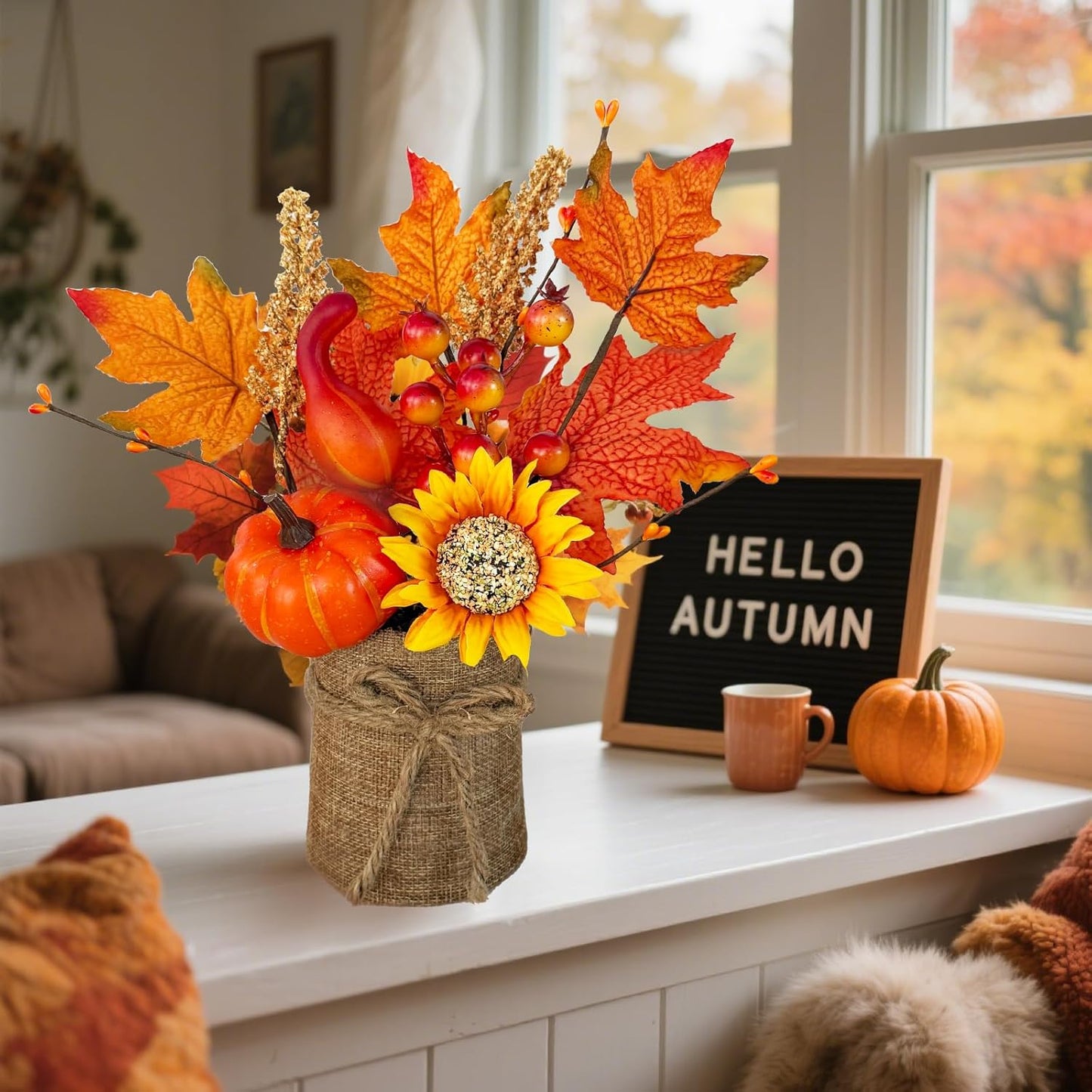 [2-Style & Light Timer] 2 Pack 13 Inch Fall Decor Table Centerpiece with Lights 20LED Maple Arrangement Potted Pumpkin Sunflower in Burlap Fall Decorations for Home Kitchen Office Autumn Thanksgiving
