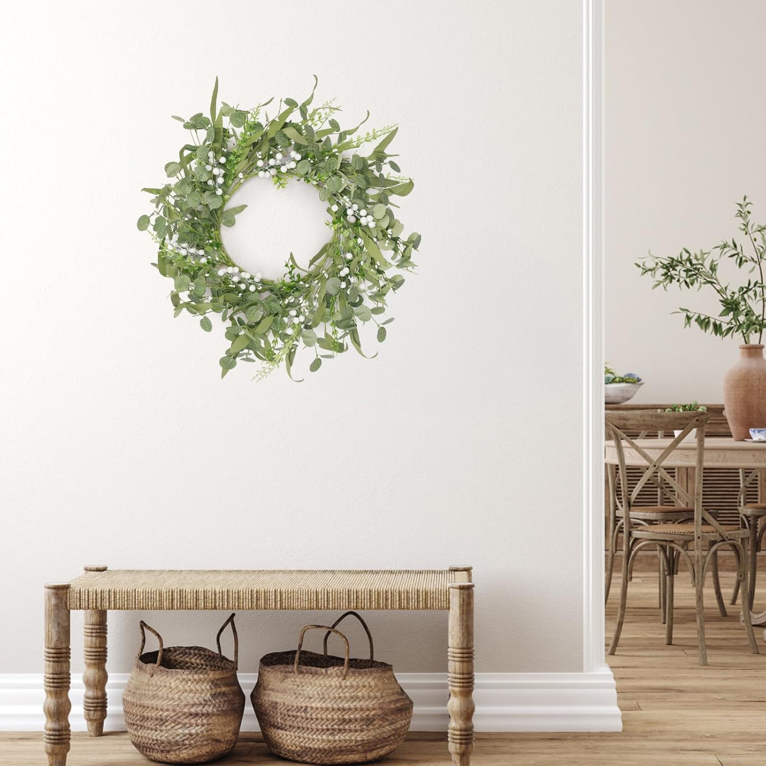 Artificial Eucalyptus Wreath for Front Door, Spring Summer Wreath with Boxwood for Window Wedding Decor Home Porch Farmhouse Patio Garden Decor 20 Inch