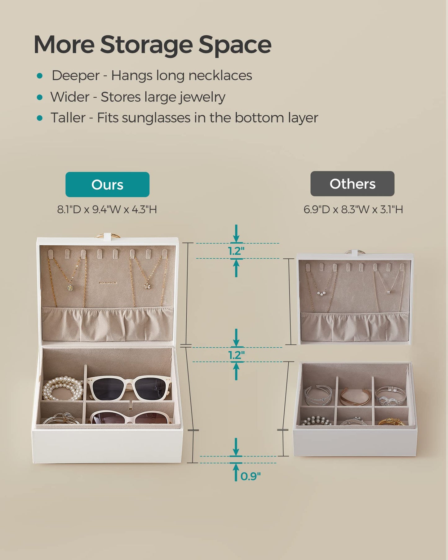 SONGMICS 2-Layer Jewelry Box, Jewelry Organizer with Handle, Removable Jewelry Tray, Jewelry Storage, Floating Effect, 8.1 x 9.4 x 4.3 Inches, Christmas Gift, Forest Green UJBC165C01