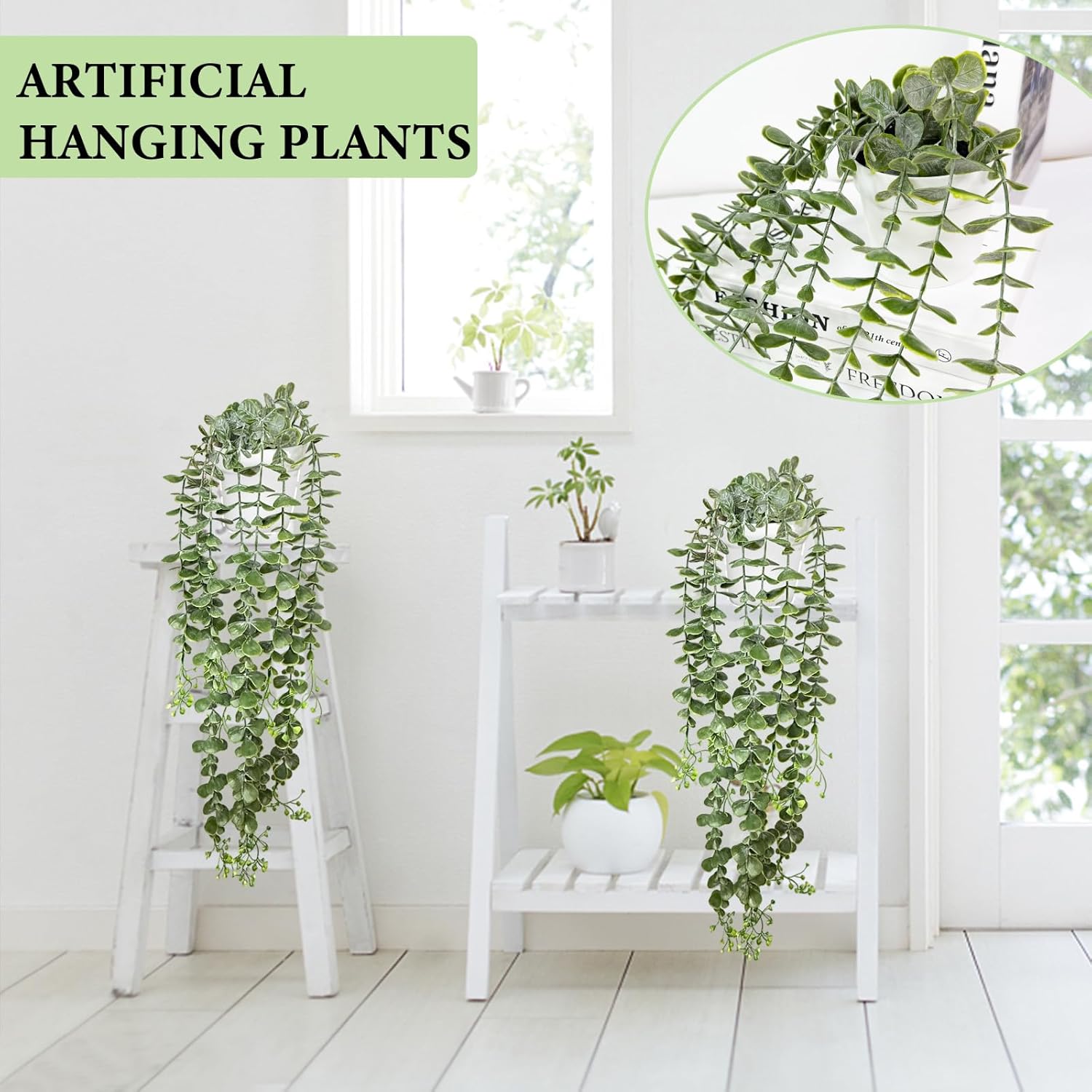 Fake Hanging Plants, 2pcs Artificial Eucalyptus Potted, Artificial Hanging Plant for Wall Decor Bathroom Office Shelf Indoor and Outdoor Greenery, Faux Hanging Plant for Aesthetic Enhancement