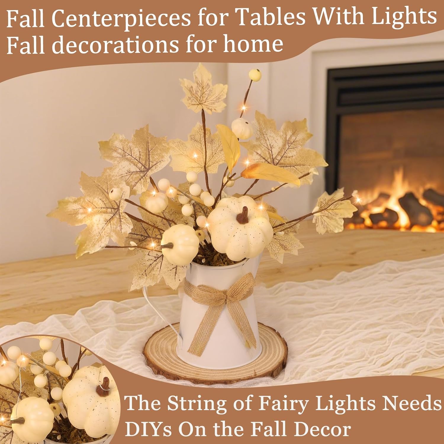 [Light & Timer] Fall Decor Table Centerpiece Potted White Maple Arrangement in Metal Pitcher Neutral Rustic Artificial White Pumpkin Berries Fall Decoration for Home Mantel Autumn Thanksgiving Wedding