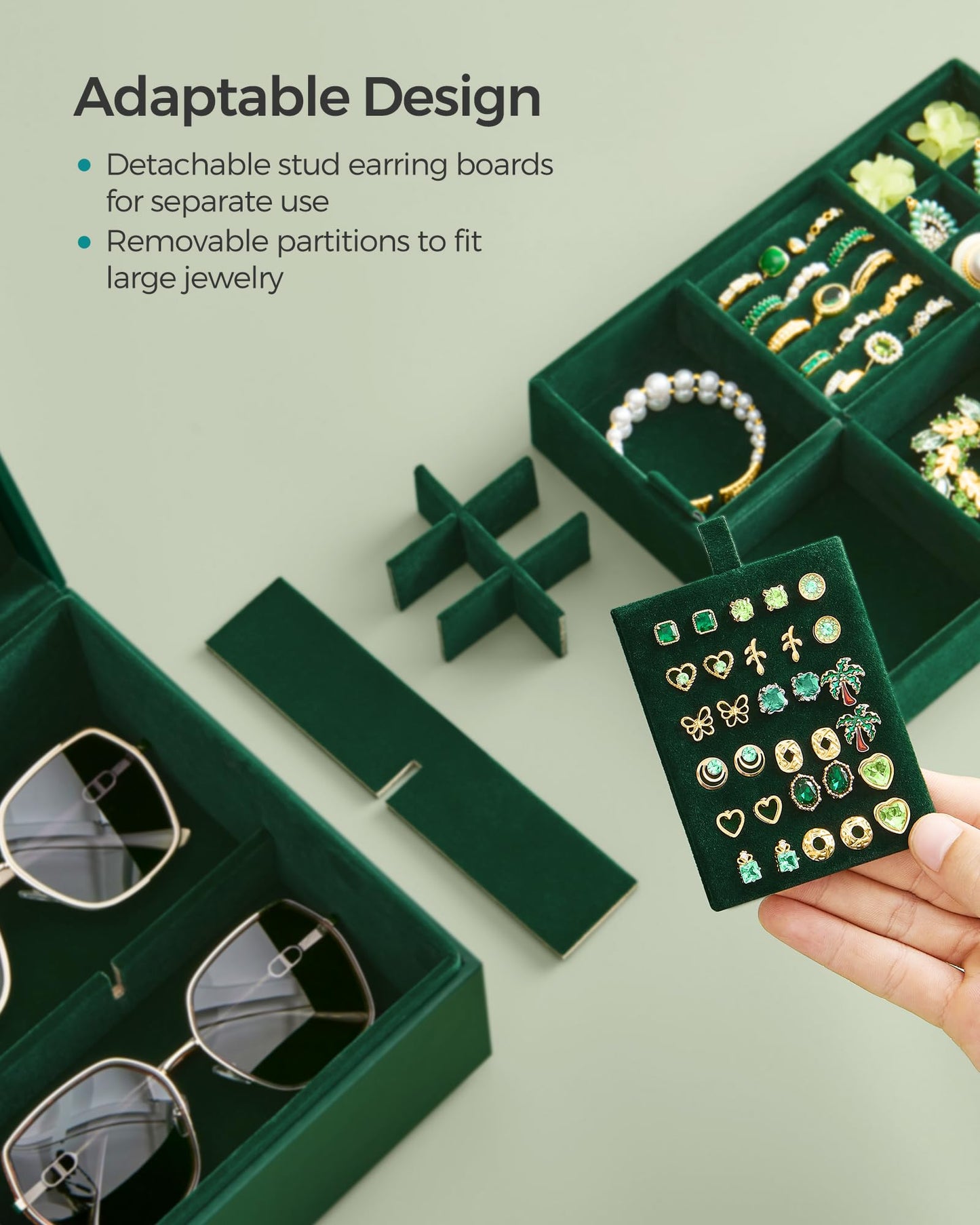 SONGMICS 2-Layer Jewelry Box, Jewelry Organizer with Handle, Removable Jewelry Tray, Jewelry Storage, Floating Effect, 8.1 x 9.4 x 4.3 Inches, Christmas Gift, Forest Green UJBC165C01