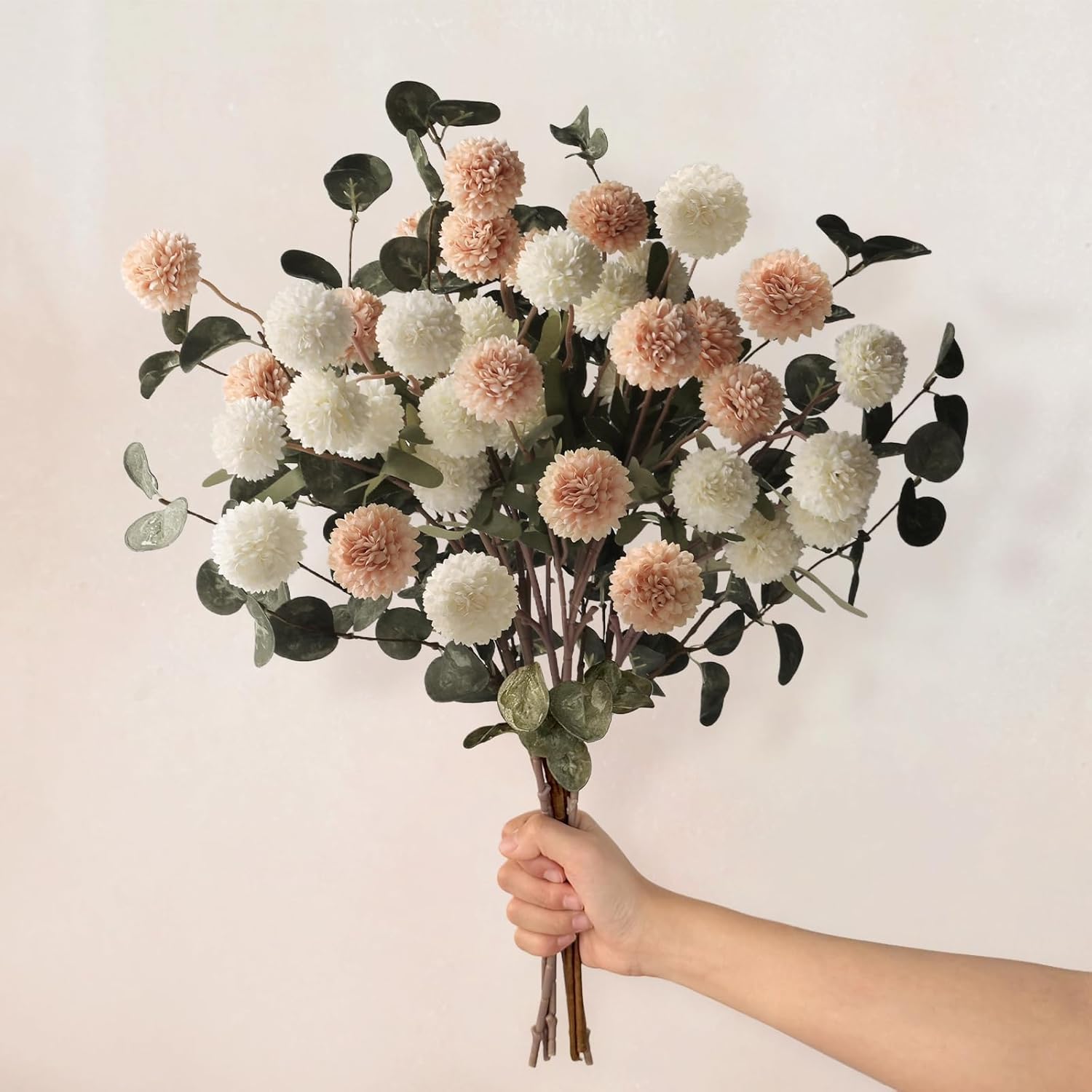7Pcs Beige White Faux Kiku Flower 25 Heads+18 Eucalyptus, Long Stem Pom Pom Fake Mums Artificial Flowers for Vase Silk Chrysanthemum for Centerpiece Bouquet Floral Arrangement Tan Nude Neutral Cream