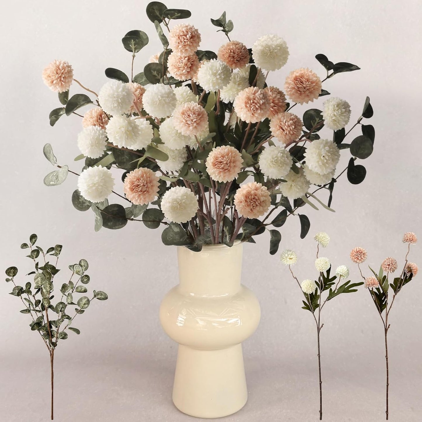 7Pcs Beige White Faux Kiku Flower 25 Heads+18 Eucalyptus, Long Stem Pom Pom Fake Mums Artificial Flowers for Vase Silk Chrysanthemum for Centerpiece Bouquet Floral Arrangement Tan Nude Neutral Cream