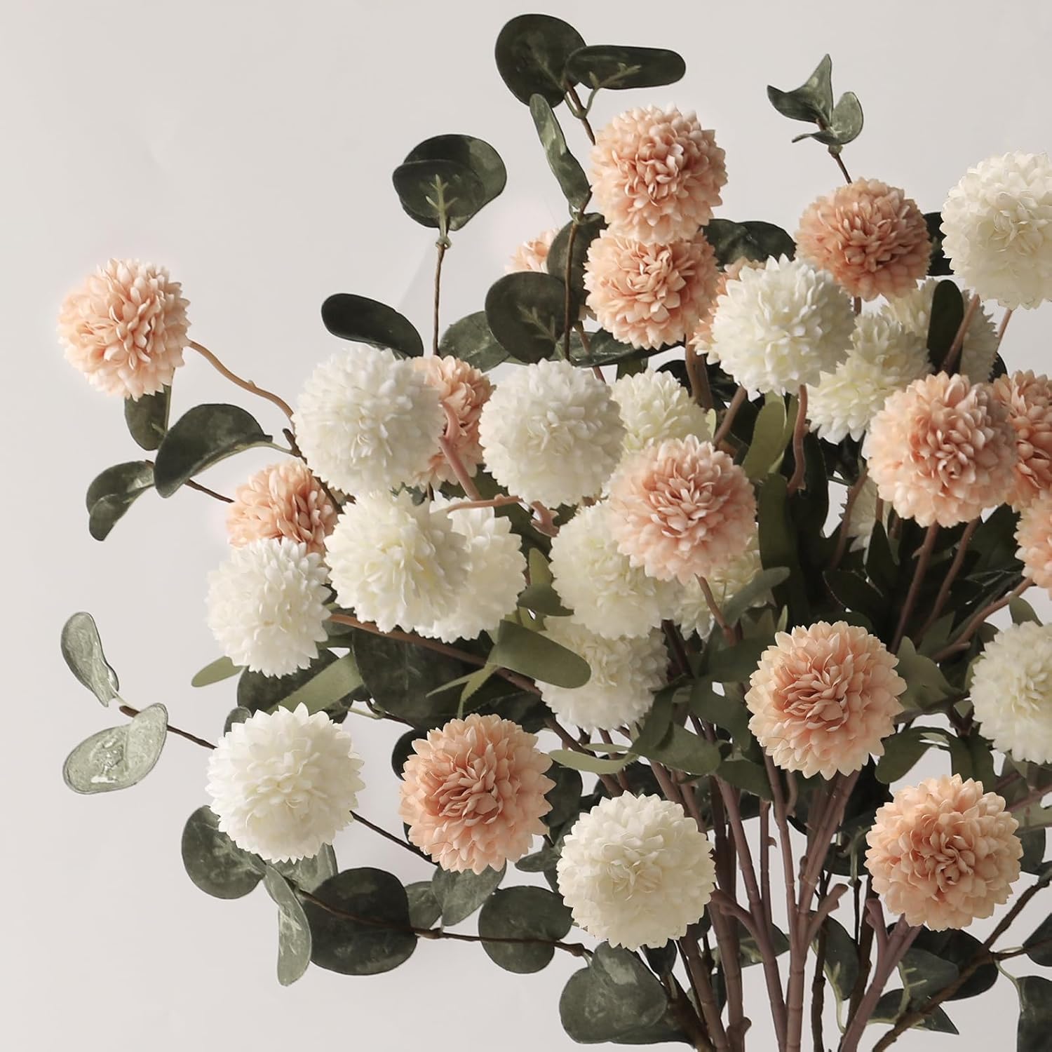 7Pcs Beige White Faux Kiku Flower 25 Heads+18 Eucalyptus, Long Stem Pom Pom Fake Mums Artificial Flowers for Vase Silk Chrysanthemum for Centerpiece Bouquet Floral Arrangement Tan Nude Neutral Cream