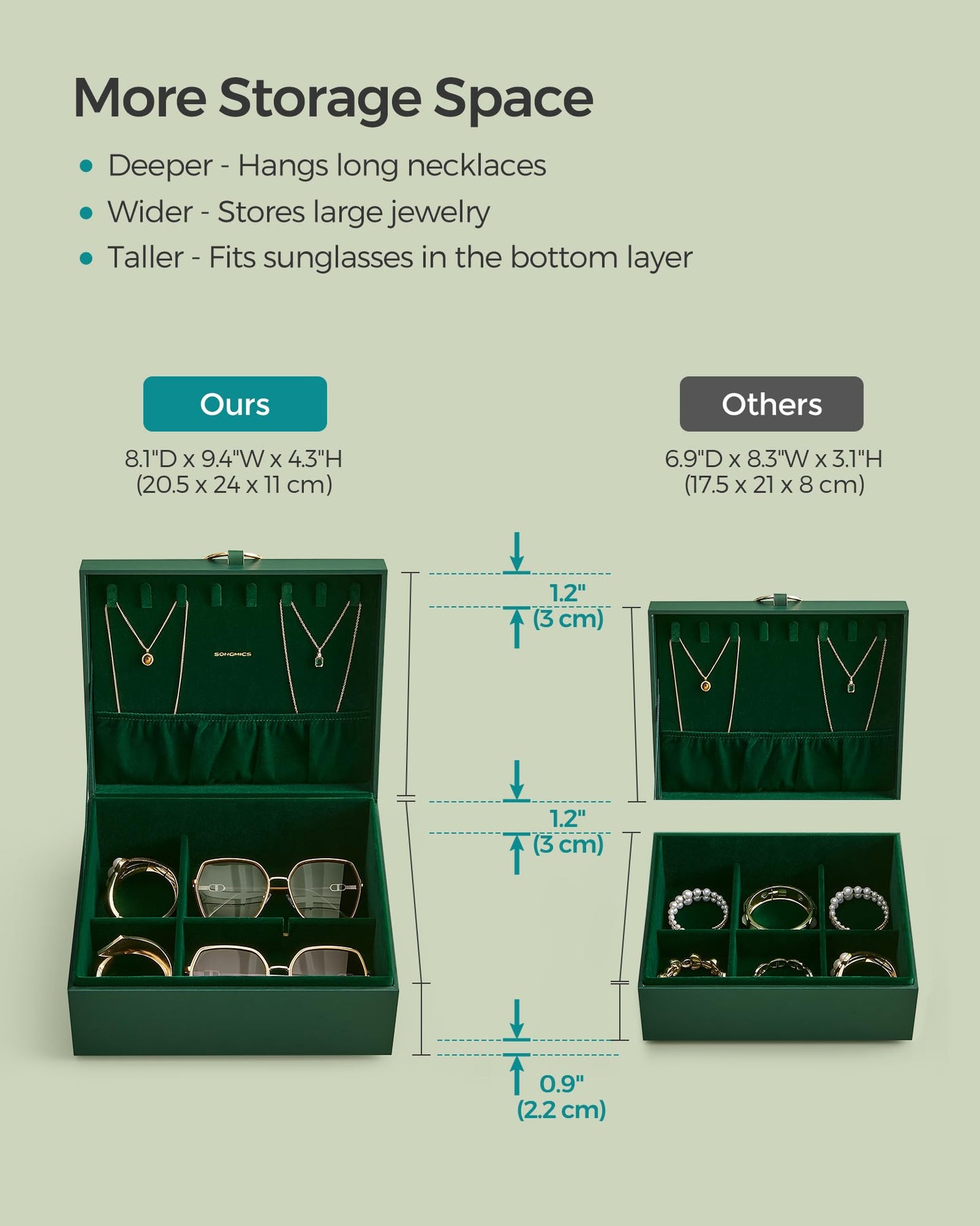 SONGMICS 2-Layer Jewelry Box, Jewelry Organizer with Handle, Removable Jewelry Tray, Jewelry Storage, Floating Effect, 8.1 x 9.4 x 4.3 Inches, Christmas Gift, Forest Green UJBC165C01
