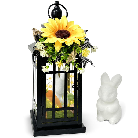 Easter Decorative Lantern w/Bunny Egg - 14 Inch, Antiqued Vintage DIY Lantern with Spring Sunflower Ornament for Outside Indoor Table Holiday Party Decorations