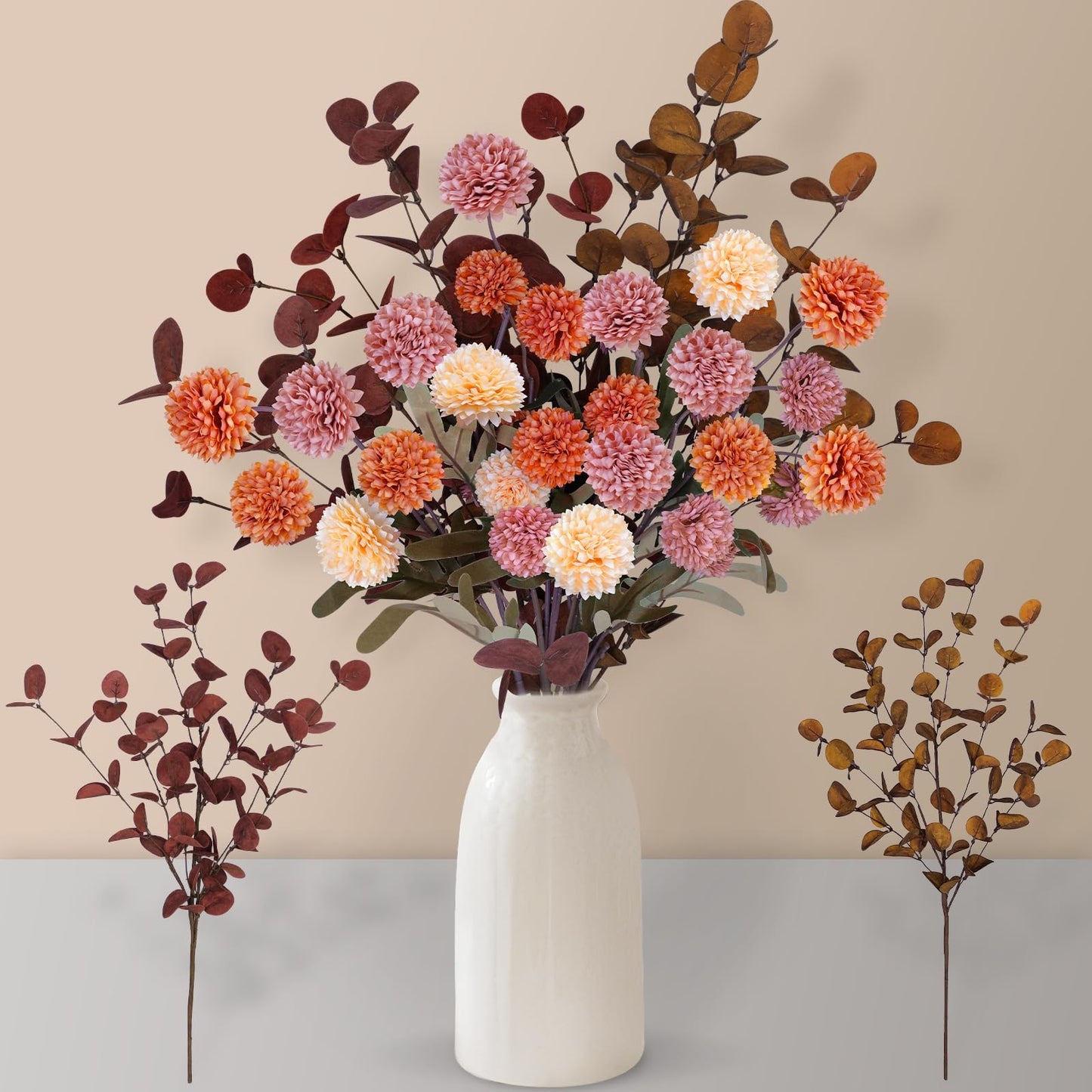 7Pcs Beige White Faux Kiku Flower 25 Heads+18 Eucalyptus, Long Stem Pom Pom Fake Mums Artificial Flowers for Vase Silk Chrysanthemum for Centerpiece Bouquet Floral Arrangement Tan Nude Neutral Cream