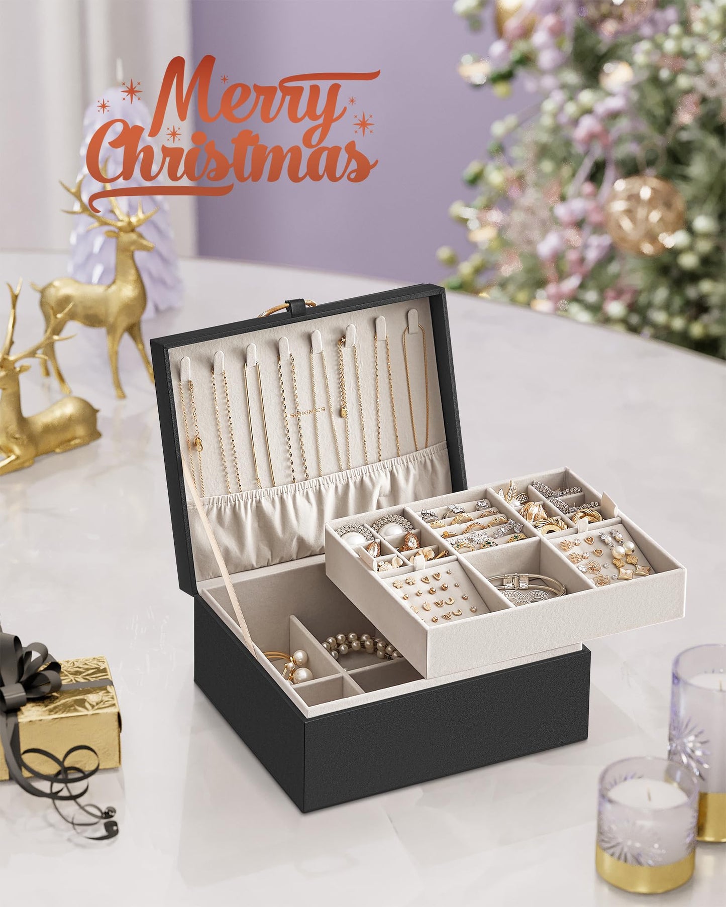 SONGMICS 2-Layer Jewelry Box, Jewelry Organizer with Handle, Removable Jewelry Tray, Jewelry Storage, Floating Effect, 8.1 x 9.4 x 4.3 Inches, Christmas Gift, Forest Green UJBC165C01