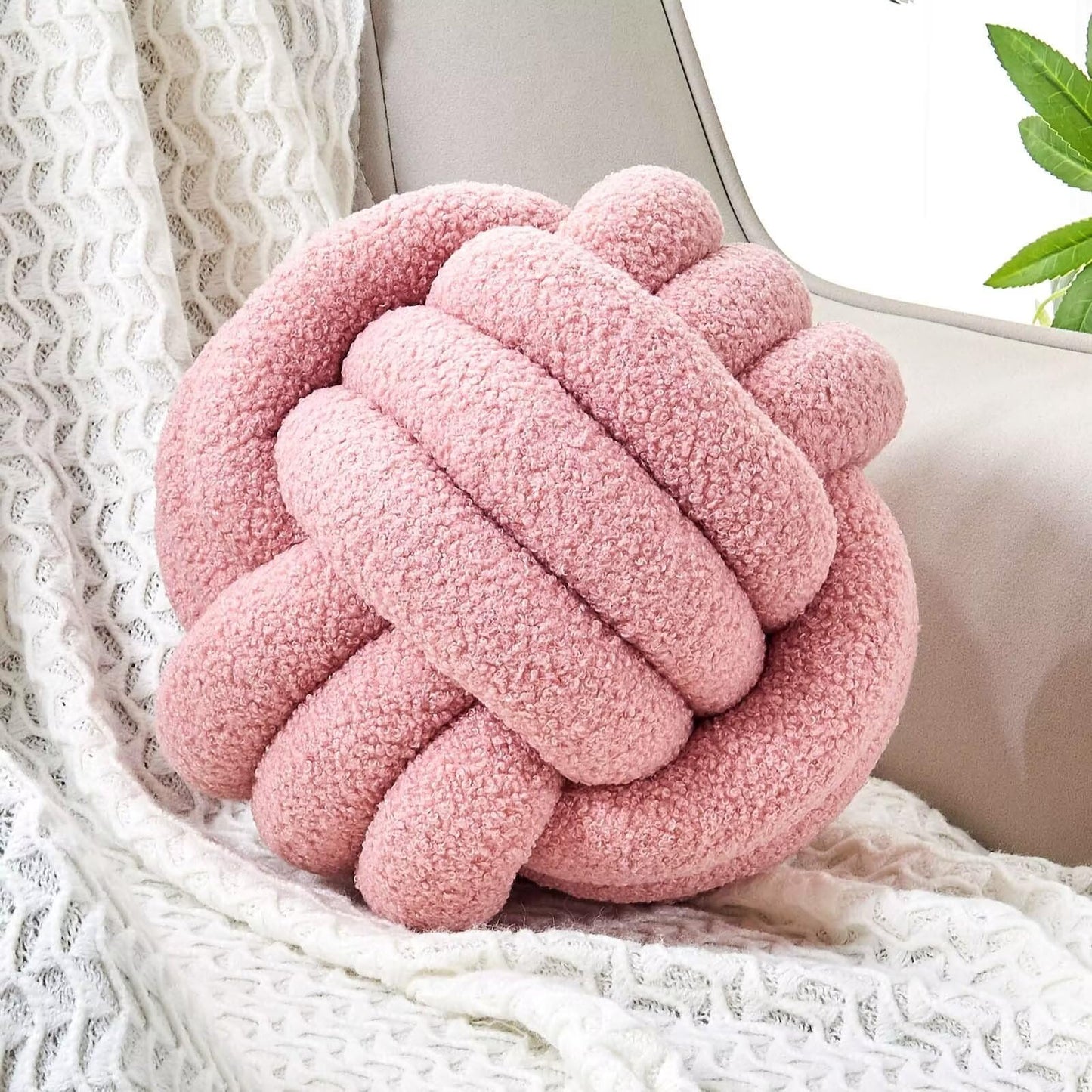 Uvvyui Knot Pillow Ball, Soft Home Decorative Round Throw Pillow, Handmade Knotted Plush Pillow, Round Boucle Pillow Cushion (8.6 Inches Ivory)