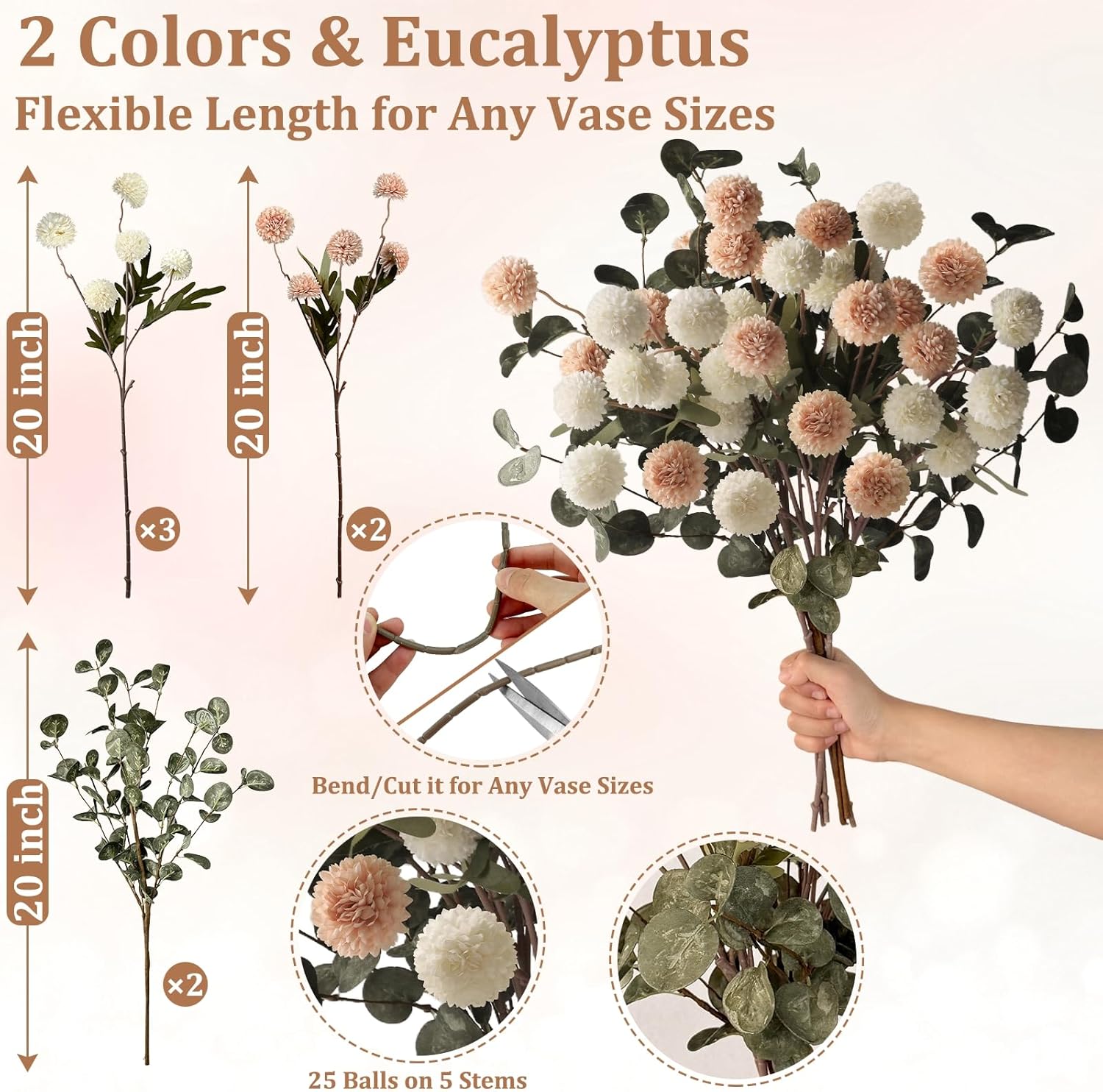 7Pcs Beige White Faux Kiku Flower 25 Heads+18 Eucalyptus, Long Stem Pom Pom Fake Mums Artificial Flowers for Vase Silk Chrysanthemum for Centerpiece Bouquet Floral Arrangement Tan Nude Neutral Cream