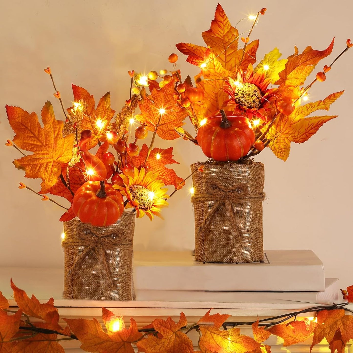 [2-Style & Light Timer] 2 Pack 13 Inch Fall Decor Table Centerpiece with Lights 20LED Maple Arrangement Potted Pumpkin Sunflower in Burlap Fall Decorations for Home Kitchen Office Autumn Thanksgiving