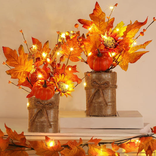 [2-Style & Light Timer] 2 Pack 13 Inch Fall Decor Table Centerpiece with Lights 20LED Maple Arrangement Potted Pumpkin Sunflower in Burlap Fall Decorations for Home Kitchen Office Autumn Thanksgiving