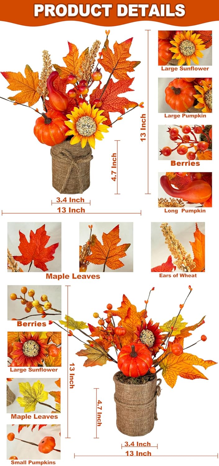 [2-Style & Light Timer] 2 Pack 13 Inch Fall Decor Table Centerpiece with Lights 20LED Maple Arrangement Potted Pumpkin Sunflower in Burlap Fall Decorations for Home Kitchen Office Autumn Thanksgiving