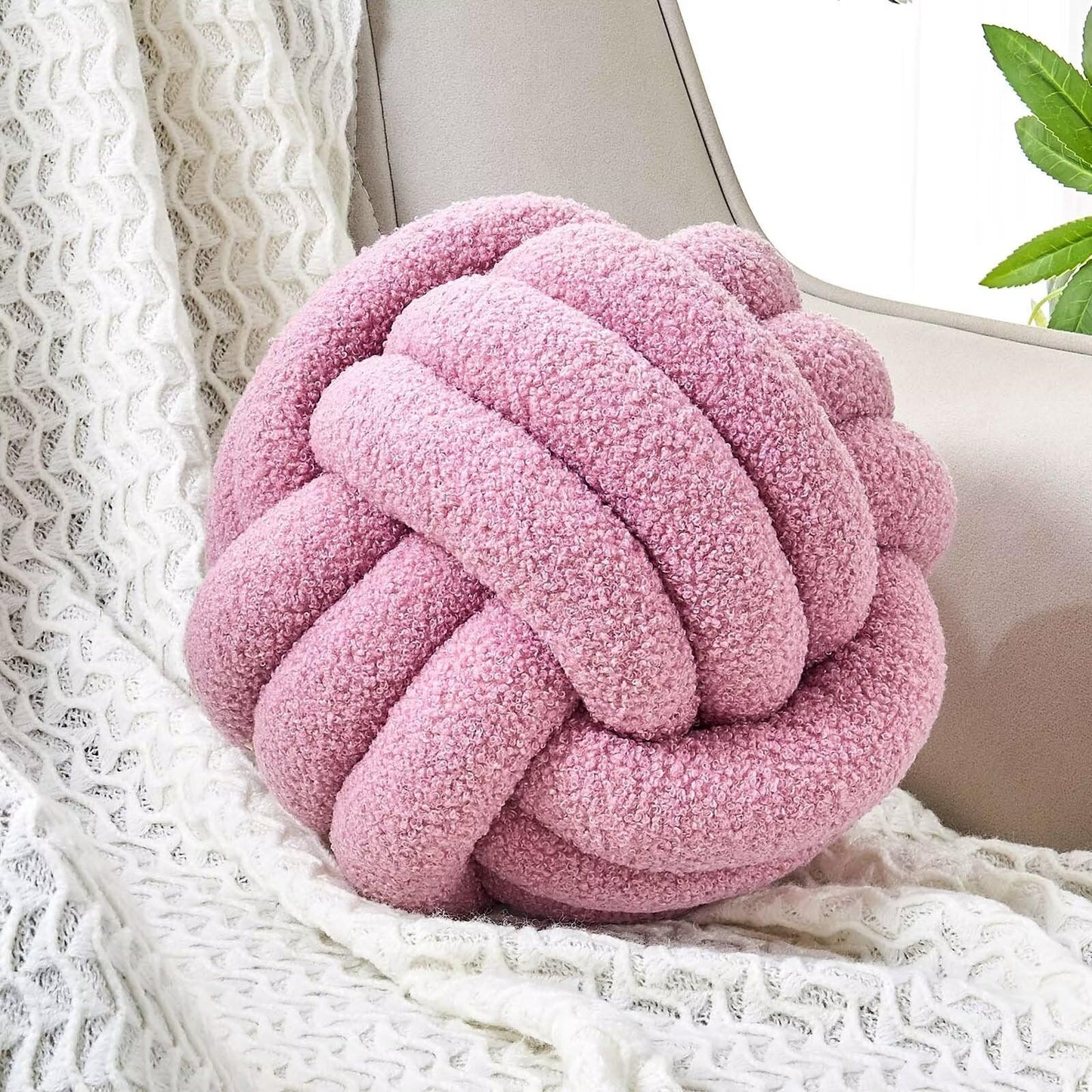 Uvvyui Knot Pillow Ball, Soft Home Decorative Round Throw Pillow, Handmade Knotted Plush Pillow, Round Boucle Pillow Cushion (8.6 Inches Ivory)