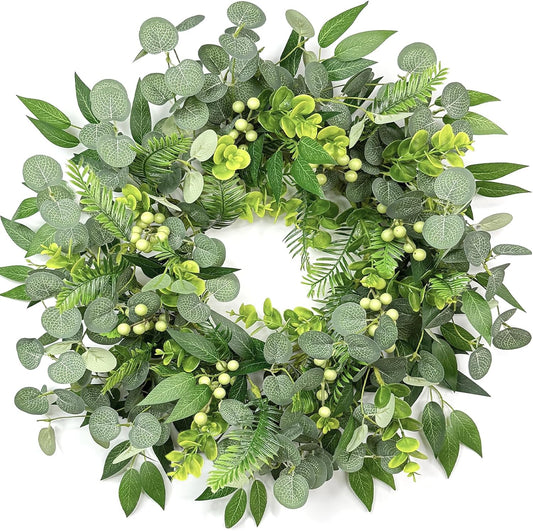 Eucalyptus Wreath 20 Inch Green Spring Summer Wreaths for Front Door Artificial Greenery Boxwood Fern Indoor Outdoor Decoration for Farmhouse Porch Window Wall All Season Office Home Decor