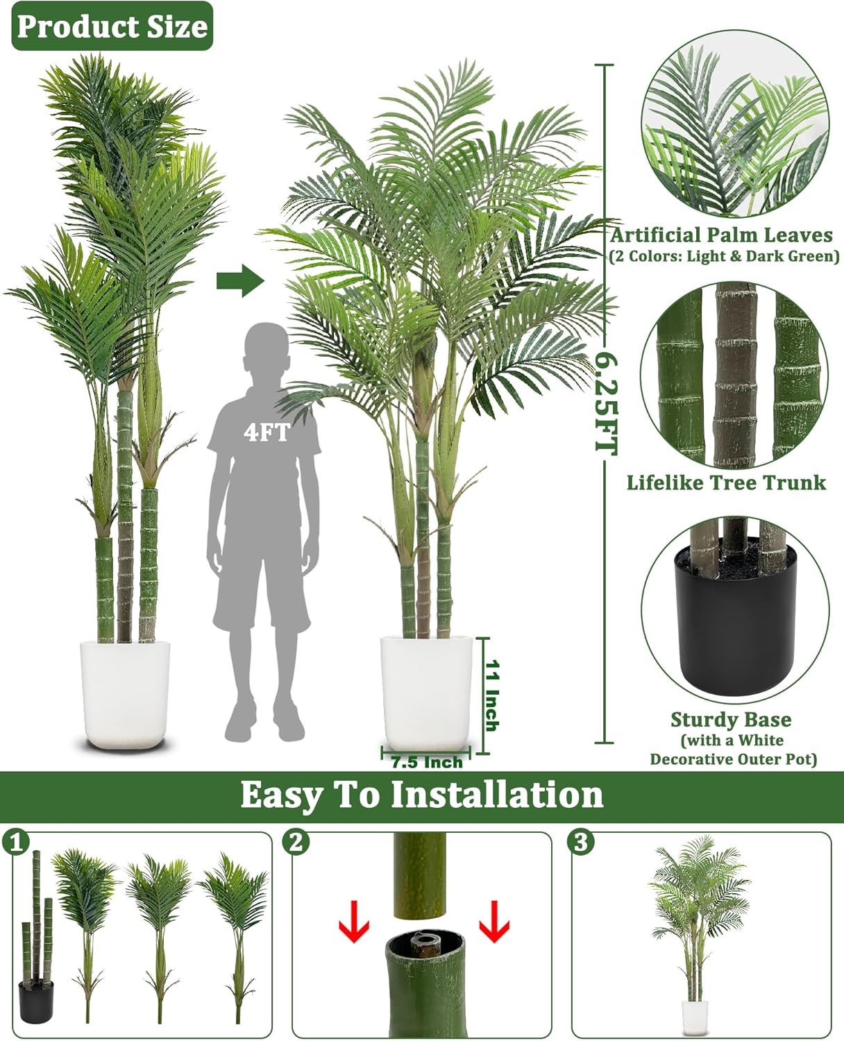 [No-Sag] 6.25 Ft Tall Fake Palm Tree with Planter 3 Thick Trunks Large Artificial Tree 762 Leaves UV Sun Resistant Tropical Floor Faux Plant for House Indoor Outdoor Office Room Patio Yard Home Decor