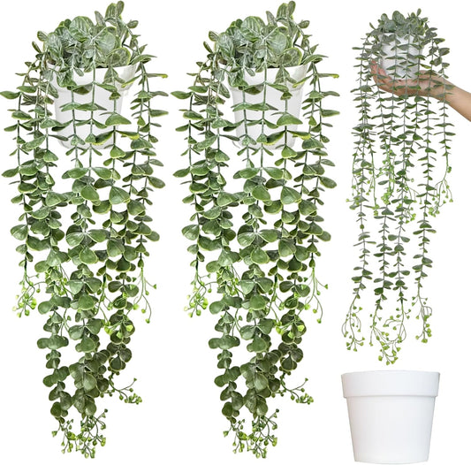 Fake Hanging Plants, 2pcs Artificial Eucalyptus Potted, Artificial Hanging Plant for Wall Decor Bathroom Office Shelf Indoor and Outdoor Greenery, Faux Hanging Plant for Aesthetic Enhancement