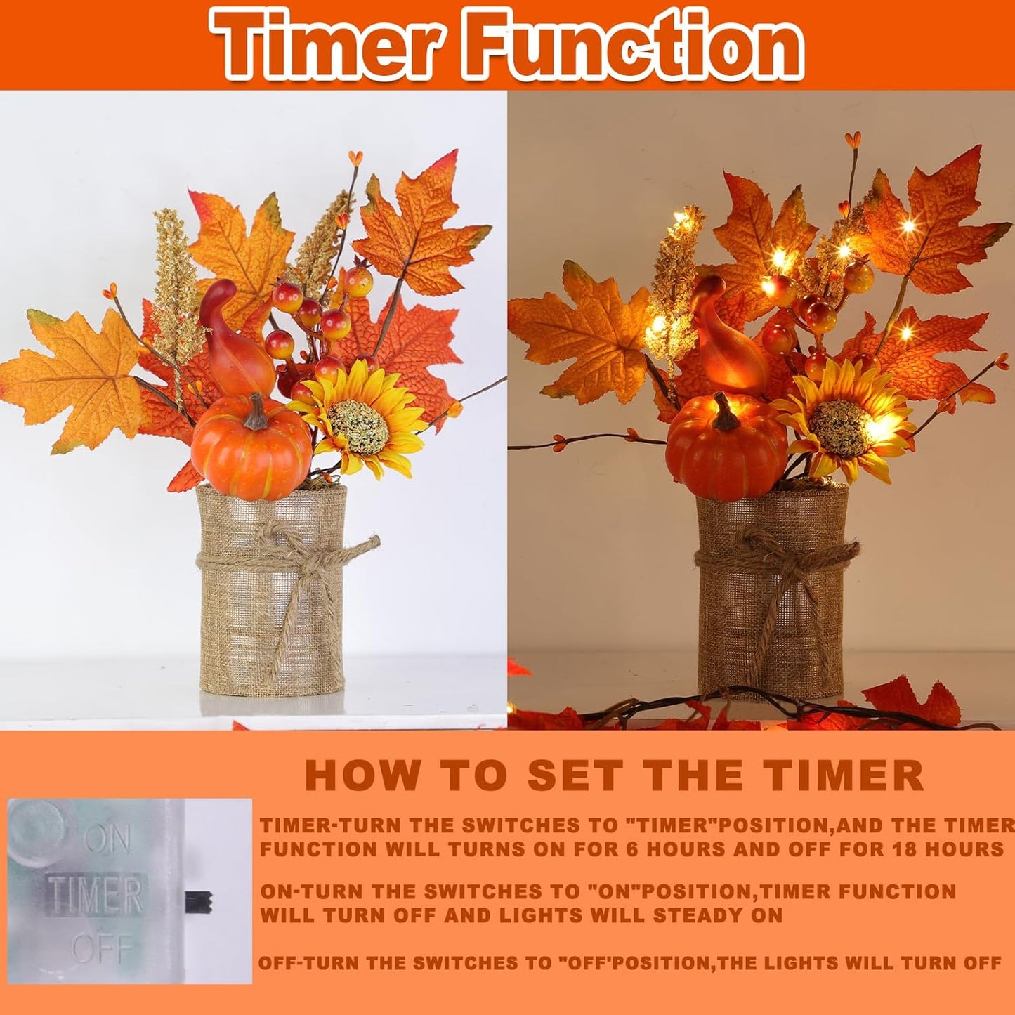 [2-Style & Light Timer] 2 Pack 13 Inch Fall Decor Table Centerpiece with Lights 20LED Maple Arrangement Potted Pumpkin Sunflower in Burlap Fall Decorations for Home Kitchen Office Autumn Thanksgiving