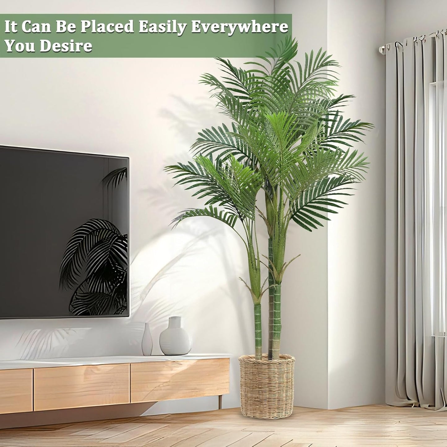 [No-Sag] 6.25 Ft Tall Fake Palm Tree with Planter 3 Thick Trunks Large Artificial Tree 762 Leaves UV Sun Resistant Tropical Floor Faux Plant for House Indoor Outdoor Office Room Patio Yard Home Decor