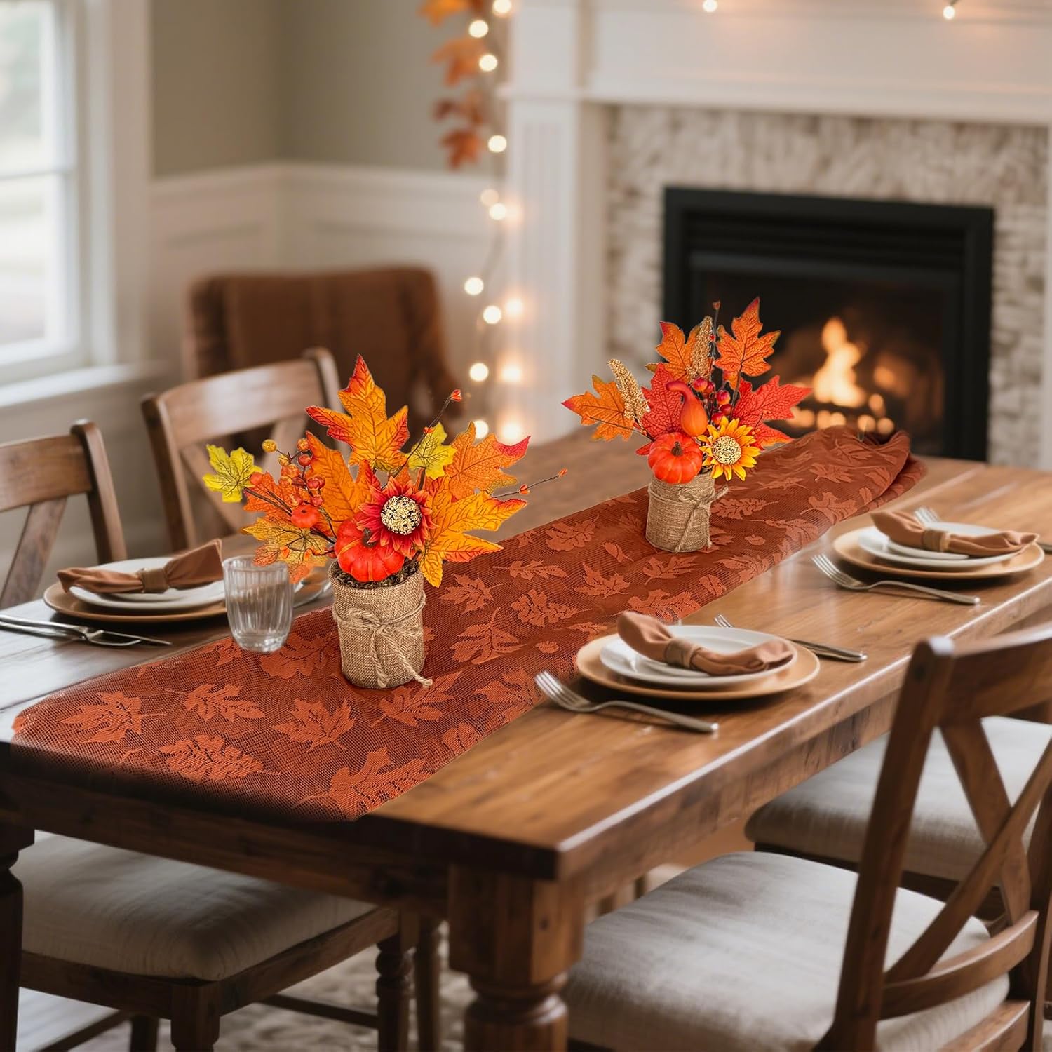 [2-Style & Light Timer] 2 Pack 13 Inch Fall Decor Table Centerpiece with Lights 20LED Maple Arrangement Potted Pumpkin Sunflower in Burlap Fall Decorations for Home Kitchen Office Autumn Thanksgiving