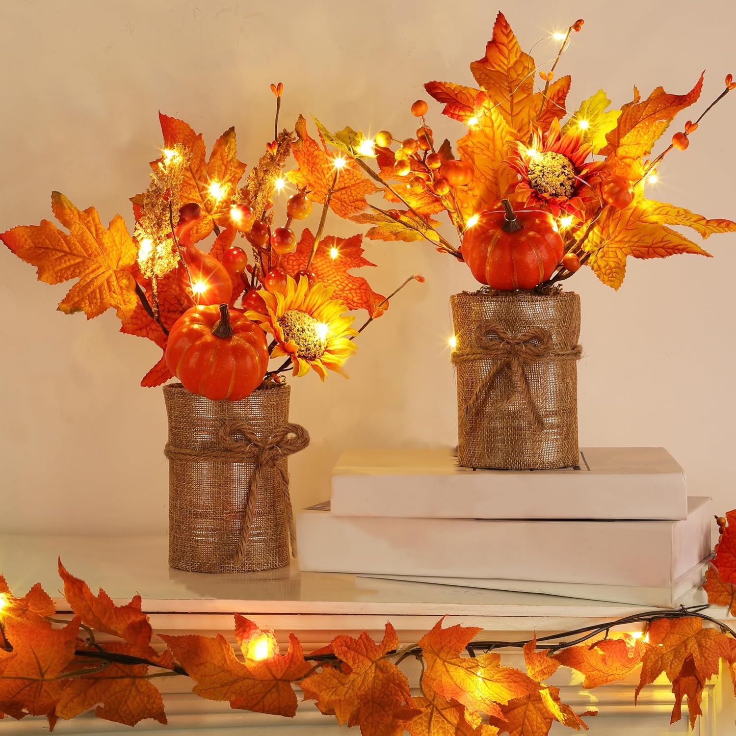 [2-Style & Light Timer] 2 Pack 13 Inch Fall Decor Table Centerpiece with Lights 20LED Maple Arrangement Potted Pumpkin Sunflower in Burlap Fall Decorations for Home Kitchen Office Autumn Thanksgiving